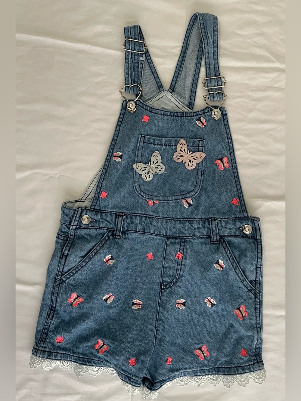 Girls' Denim Embroidered Butterfly Shortalls - Blue